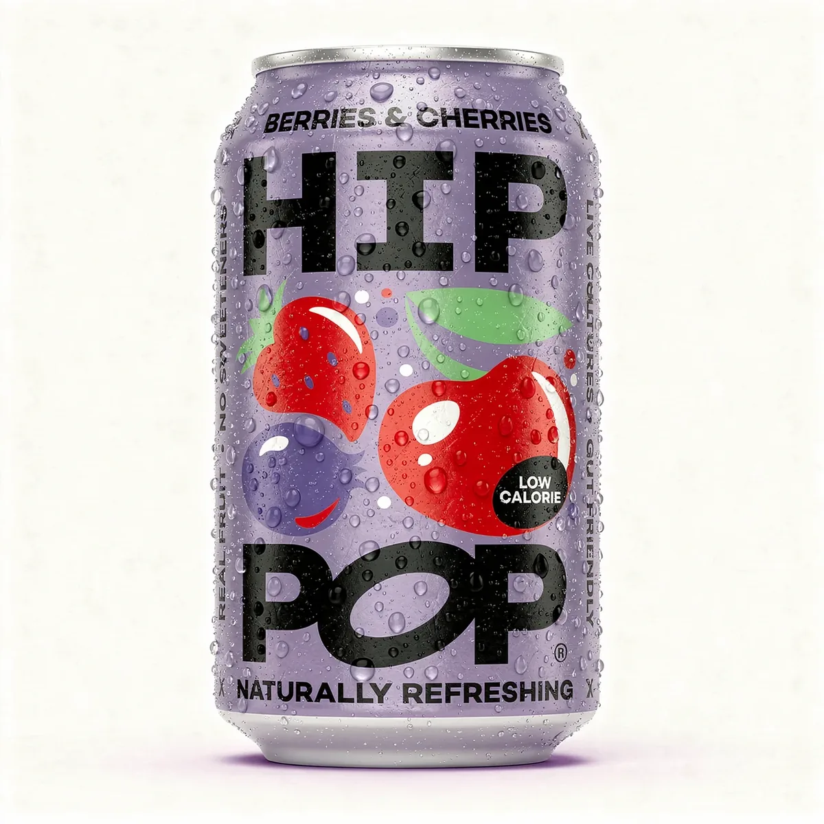 Hero image of a berry-flavour soft drink can on a pale lilac backdrop, the fruit shown as bold label artwork