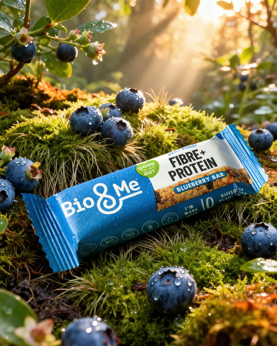 Editorial lifestyle image of a protein bar resting on a mossy forest floor surrounded by fresh blueberries