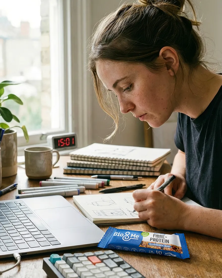 In-situ image of a protein bar on a desk beside a creative working in a sketchbook