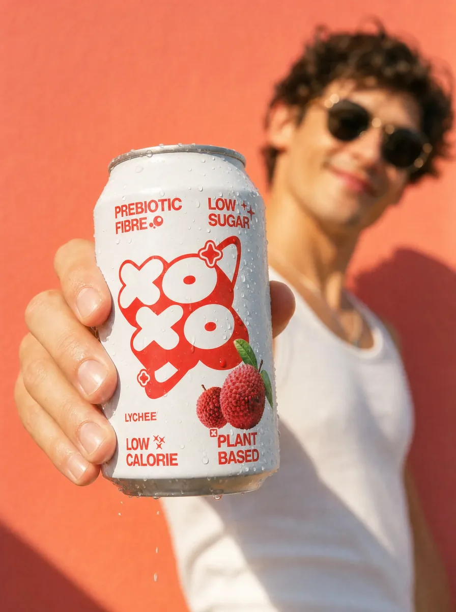 Lifestyle image of a man in sunglasses holding out a soft drink can against a coral wall