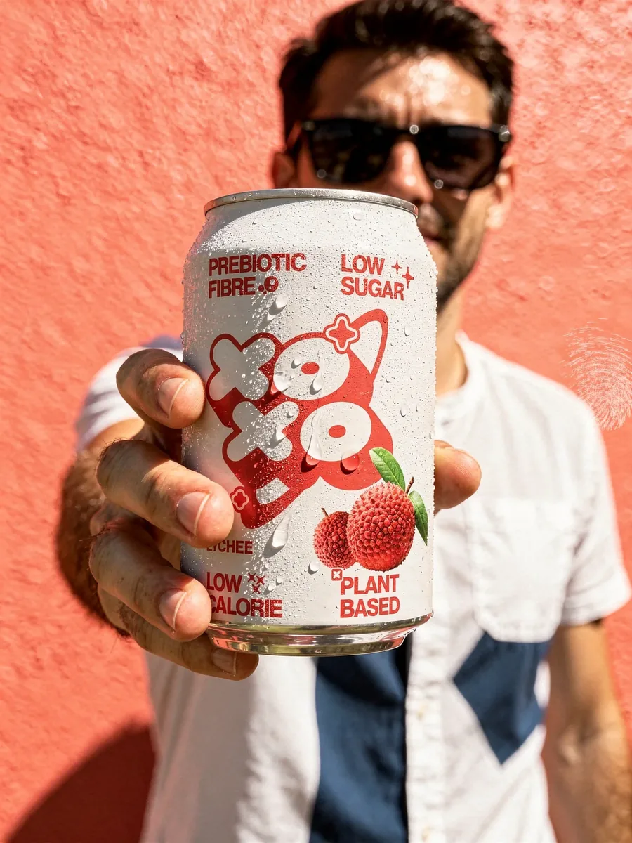 Lifestyle image of a man in a white shirt holding out the same soft drink can against a coral wall