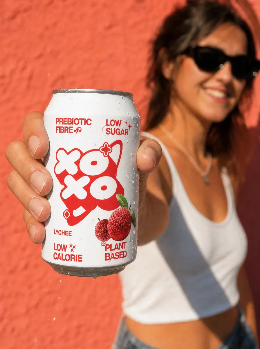 Lifestyle image of a smiling woman in sunglasses holding out the same soft drink can against a coral wall
