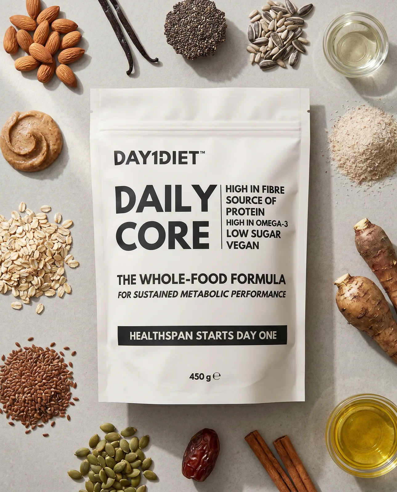 Day1Diet pouch flat lay with ingredients on cream