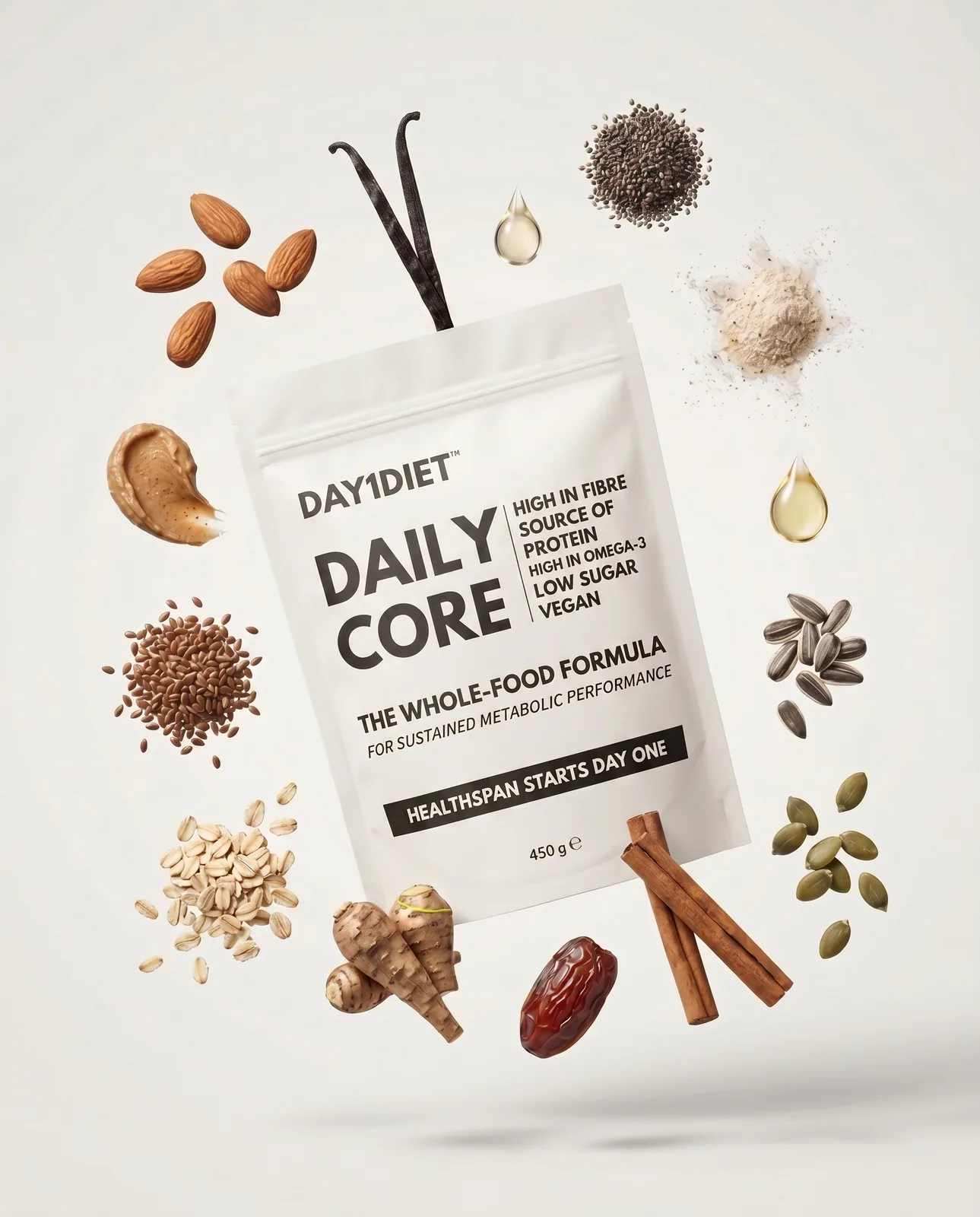 Day1Diet pouch hero ringed by its ingredients