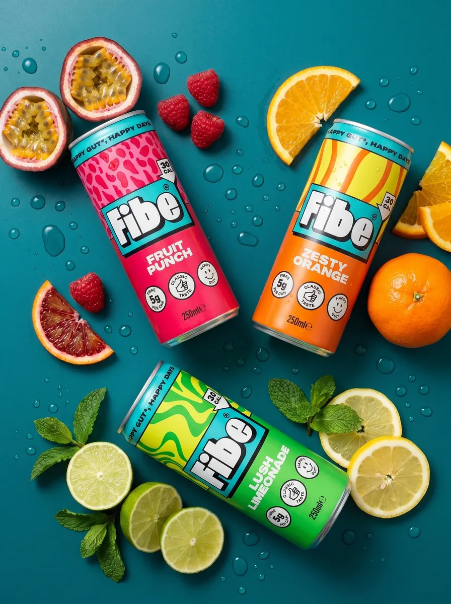 Overhead flat-lay of three tall soft drink cans on a teal surface surrounded by fresh citrus, berries and mint