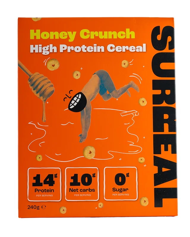 High-protein cereal carton pack shot on white