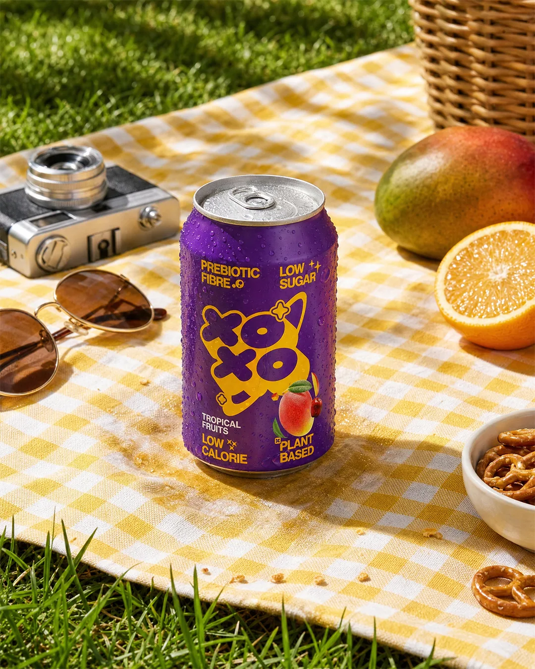 Tropical-fruits can on a gingham picnic blanket with fresh mango and orange