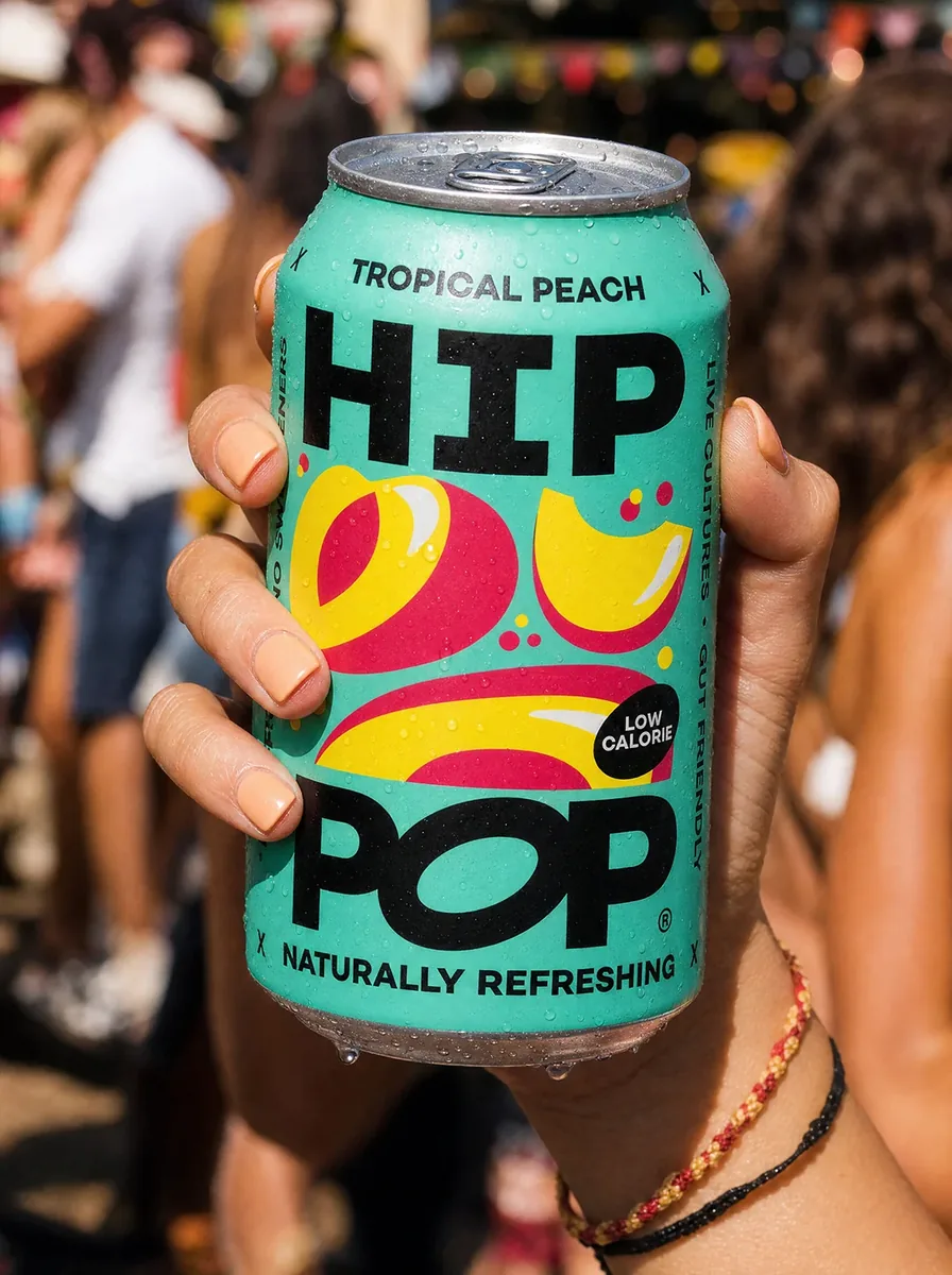 Lifestyle close-up of a hand holding a teal soft drink can at a sunny outdoor festival