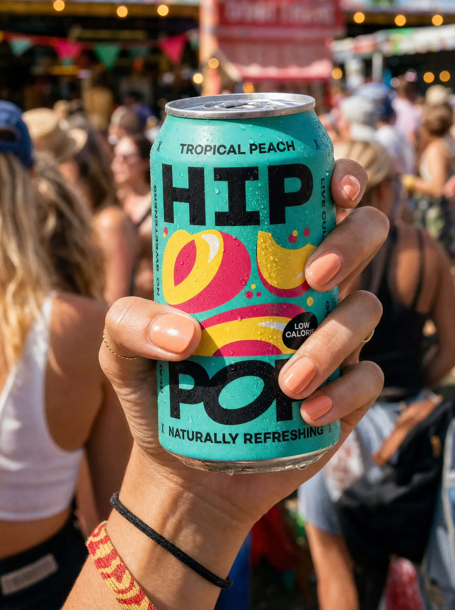 A hand holding a teal soft drink can at a sunny outdoor festival with a blurred crowd behind