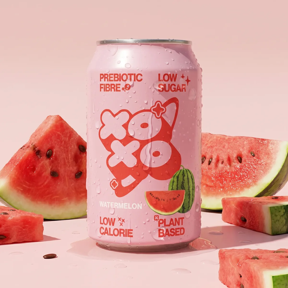 Hero image of a pastel pink soft drink can surrounded by fresh watermelon slices